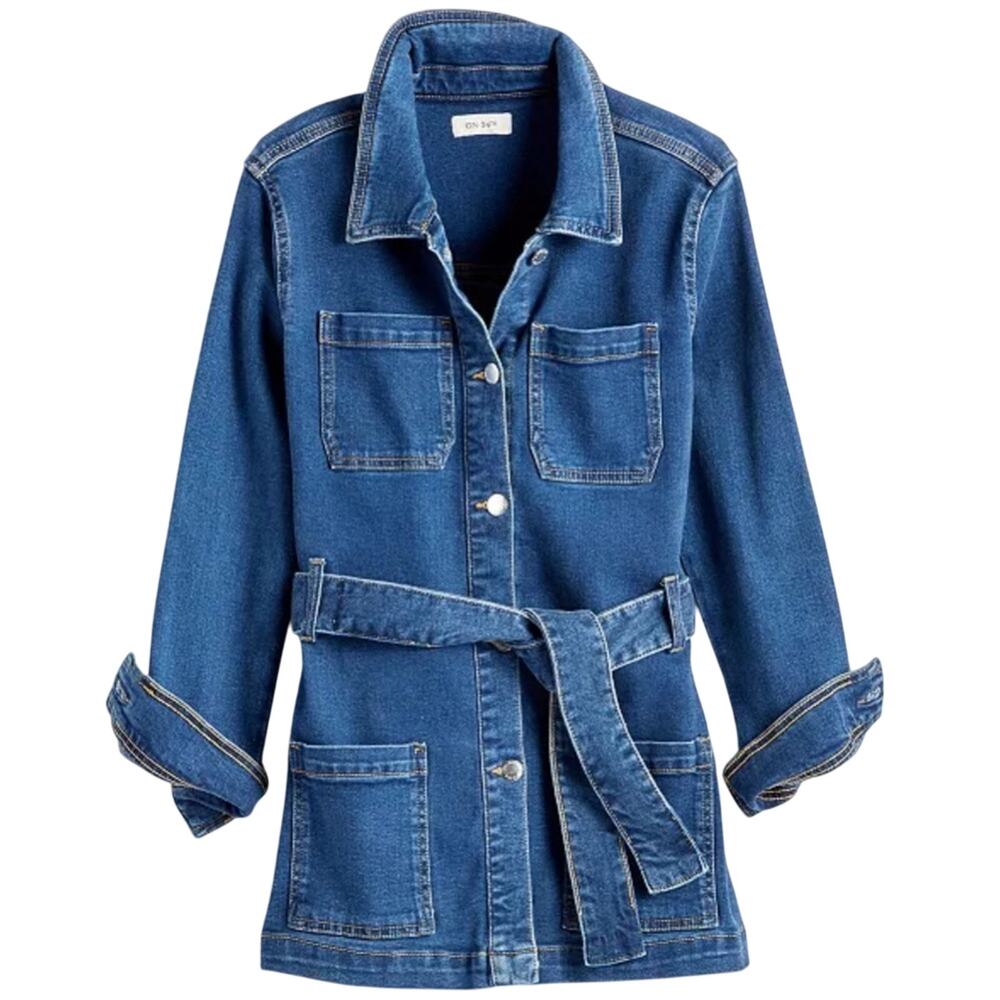 On 34th Women's Belted Denim Wrap Jacket Long Length Fall Winter Medium Wash XS